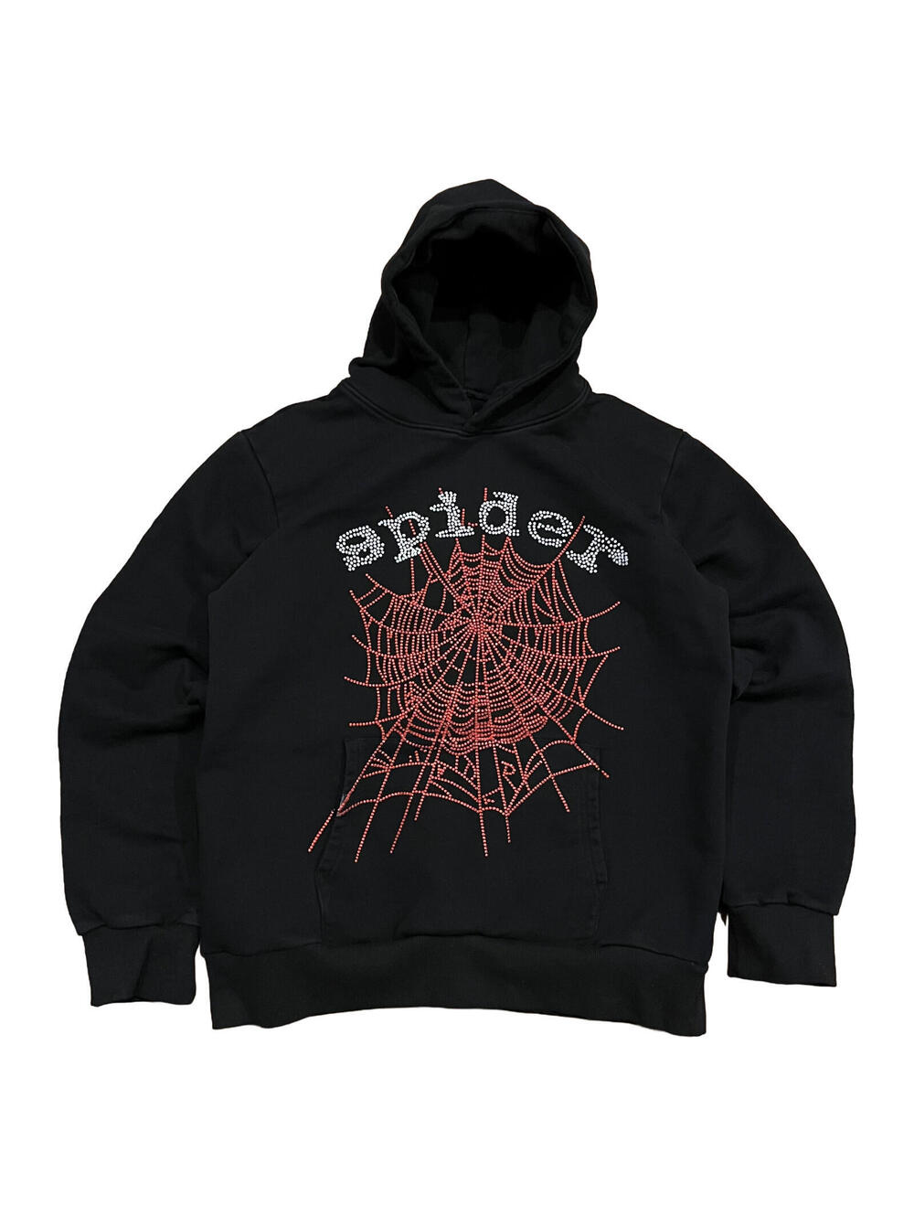 SP5DER Hoodie Men's M Black Rhinestone Spider Web Pullover Streetwear
